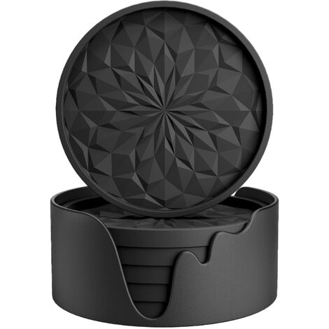 Dessous de verre en silicone avec support pour boissons chaudes ou froides, épais et antidérapants, avec plateau profond antidérapant, noir, lot de 6