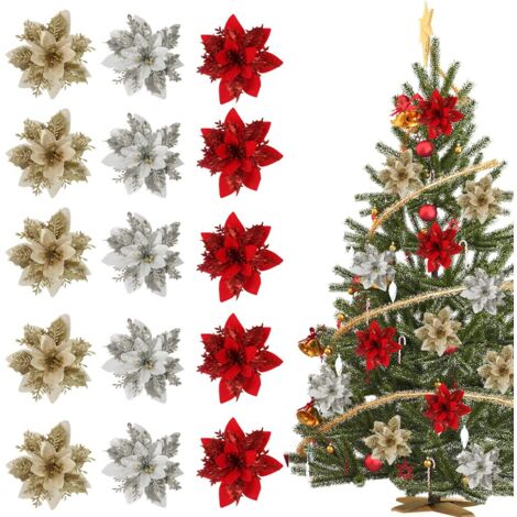 Fleurs de poinsettia pailletées de Noël, 15 pièces, 14 x 14 cm, rouge, or, argent, artificielles, pour décoration de sapin de Noël, mariage ou fête.