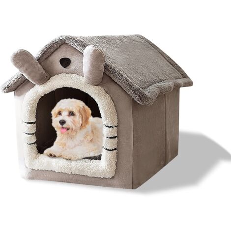 Lit-grotte pour chat, lavable, igloo en peluche chaude, maison pour chat pliable et confortable, lit pour chien avec fond antidérapant (S, chat gris)