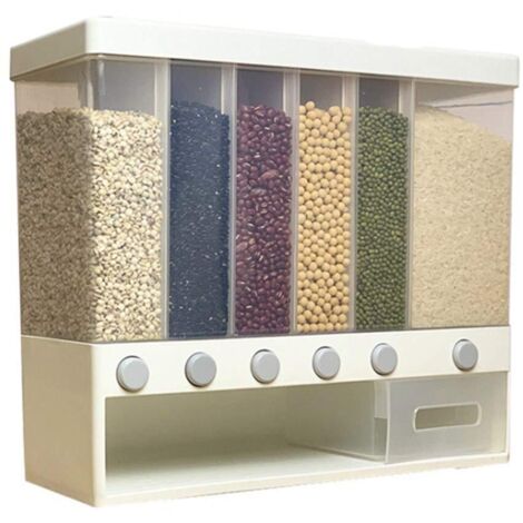 Distributeur mural compartimenté pour riz et céréales, 10 kg, 6 compartiments automatiques en plastique, boîte de conservation étanche à l'humidité