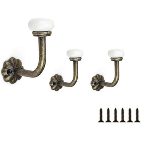 Patere Vintage 3 Pièces, Patere Porte Manteau Mural avec Vis, Tête Céramique Crochet Porte Manteau, Alliage Zinc Patere Murale, Patere Salle de Bain pour Accrocher Vêtements, Chapeaux, Clés