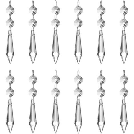 Lot de 12 pendentifs en cristal transparent effet prisme de glace (62 mm), avec 12 perles octogonales et anneaux, pour lampe, jardin, fête, Noël, mariage.