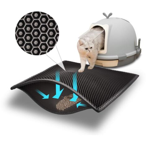 Tapis de litière pour chats, imperméable, non toxique, en EVA, double couche, motif nid d'abeille (61 x 38 cm, noir)