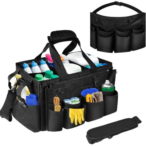 Sac de Nettoyage Portable, Organiseur de Fournitures de Nettoyage avec poignée, Bretelles et séparation Amovible, Organiseur d'outils de Nettoyage pour nettoyeurs et Femmes de ménage (Noir)
