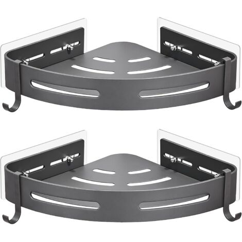 Etagère de Douche d'angle sans Perçage en Métal avec 2 Crochets pour Douche Support Antirouille Autocollant pour Articles de Salle de Bains 2 Pièces (Gris) (1/5)