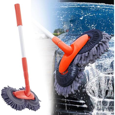 Balai de voiture rotatif à double tête télescopique avec microfibre, nettoyant pour pare-brise, accessoires de caravane pour le lavage et le nettoyage de voiture (1 pièce)