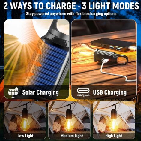 Lot De 2 Lampes Camping LED Rechargeables – Solaire + USB, 3 Modes, étanches, Crochet – Pour Tente, Pêche, Urgence