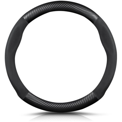Round Shape Carbon Fibre & Microfibre PU Leather Steering Wheel Cover Non-Slip Car Steering Wheel Cover Breathable Sport Car Steering Wheel Cover for Diameter 38 cm (15 Inches) - Black