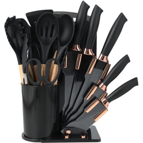 Lot de 19 couteaux de cuisine en silicone avec 12 ustensiles de cuisine, 5 couteaux, planche à découper et support, passe au lave-vaisselle