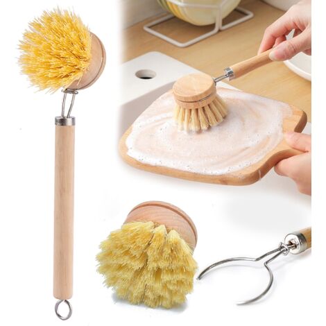 Brosse à Vaisselle en Bois Haut de Gamme, Brosses à Vaisselle avec 2 Têtes de Rechange, Set de Brosses de Nettoyage avec Poils Naturels en Fibre Écologique pour Cuisine et Salle de Bain