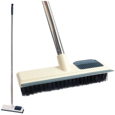 brosse à récurer longue avec manche réglable, raclette et poils 2 en 1 pour nettoyer salles de bains, carreaux, garages, murs et piscines (blanc)
