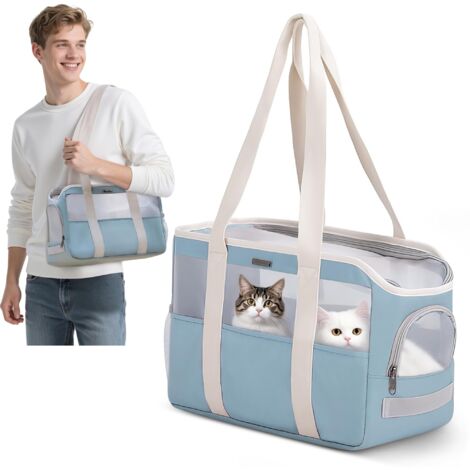 Sac de Transport Souple pour Petits Chiens et Chats, Sac Pliable et Respirant avec Laisse de Sécurité, Sac de Transport Léger pour Voyage Extérieur Camper (Bleu Ciel)