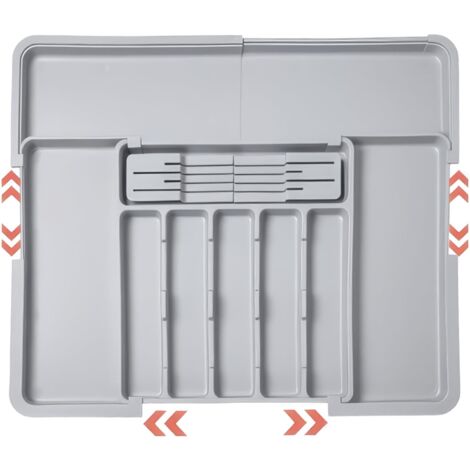 Cutlery Tray, Expandable Cutlery Storage, Kitchen Drawer with 2 Removable Knife Blocks and 9 Compartments, Expandable Cutlery Tray, Grey