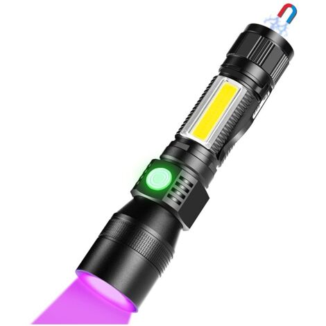 Lampe de poche USB 3 en 1 pour attraper les rayons UV (lumière blanche et UV), lampe torche LED étanche super lumineuse avec 7 modes pour animaux domestiques, camping, pêche de nuit