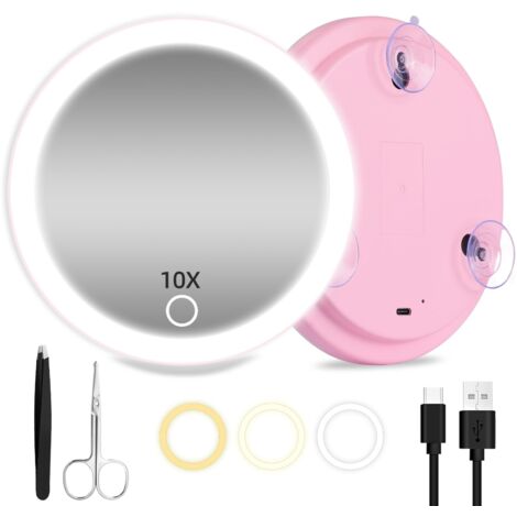 Miroir grossissant 10X avec éclairage, Miroir de Maquillage Rechargeable de 15 cm avec 3 lumières de Couleur, grossissement Portable 10X pour Les Voyages et Les travaux de précision