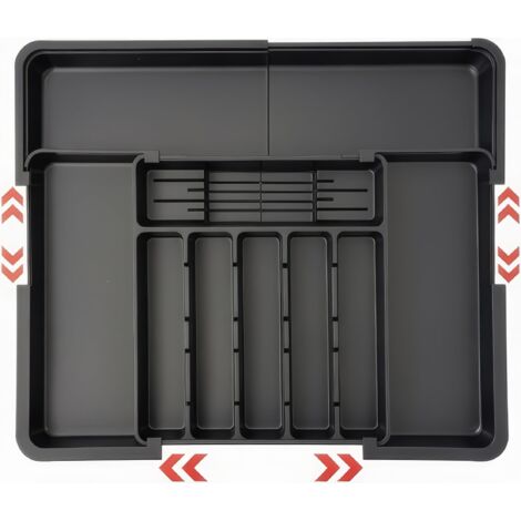 Cutlery Rack, Expandable Cutlery Storage, Kitchen Drawer with 2 Removable Knife Blocks and 9 Compartments, Expandable Cutlery Tray, Black