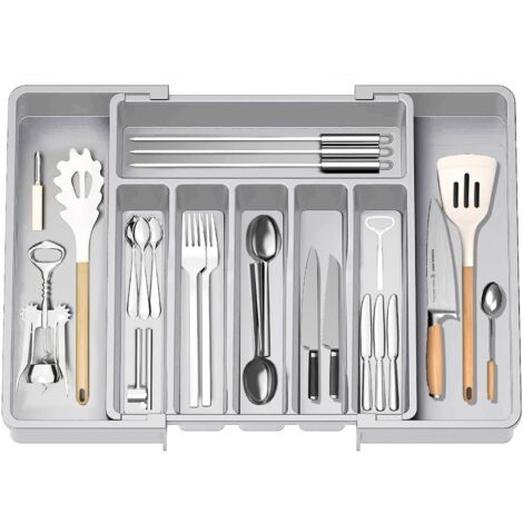 Expandable Utensil Tray for Drawer, Cutlery Organizer, Drawer Organizer for Kitchen, Plastic Storage Holder for Cutlery, Spoons, Forks, Etc, Grey