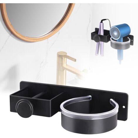 Support Seche Cheveux, Porte Seche Cheveux et Lisseur, Porte Seche Cheveux Mural sans Percage, Acier Inoxydable Porte Seche Cheveux Mural pour H么Tel, Salle de Bains Salon Barbershop