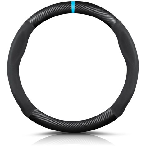 Round Shape Carbon Fibre & Microfibre PU Leather Steering Wheel Cover Non-Slip Car Steering Wheel Cover Breathable Sport Car Steering Wheel Cover for Diameter 38 cm (15 Inches) - Black Blue