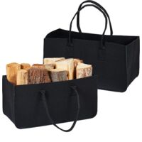 Log Basket, Set of 2, Felt Storage Bag, Firewood, 28 Litre, with Handles, Black