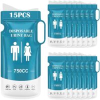 15 Pièces Sacs à Urine Jetable, 750ml Urinoir Femme Portable avec Poignée, Portables Sacs à Pot de Chambre Adulte, Sac a Vomi pour Homme Enfant pour Le Camping, Voyages, embouteillages