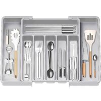 Expandable Utensil Tray for Drawer, Cutlery Organizer, Drawer Organizer for Kitchen, Plastic Storage Holder for Cutlery, Spoons, Forks, Etc, Grey