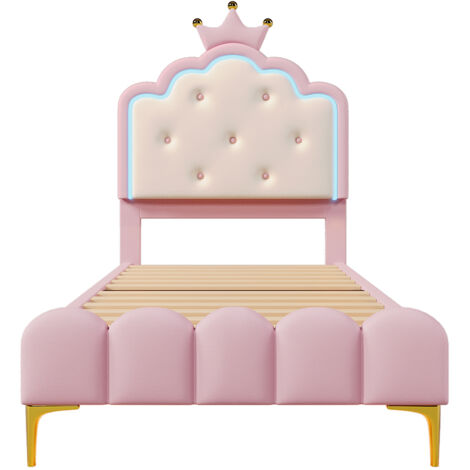 Moimhear Letto Principessa 140x200 Cm Con Luci LED E Contenitore - Ecopelle Rosa, Testiera A Corona, Sollevamento Idraulico - 2
