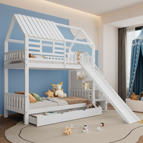 Estructura de litera 90x200cm cama doble infantil con cajones y tobogán, escalera con compartimento de almacenaje, pino + MDF, sin colchón, blanco