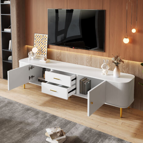 MODFU Mueble TV blanco 170x34x45cm con 2 cajones 2 puertas, esquinas redondeadas, tiradores y patas dorados, MDF