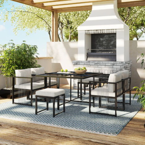 Conjunto de mesa y sillas de jardín de 6 plazas, 4 sillones, 2 taburetes y 1 mesa, tablero de cristal, madera y metal, negro y beige.