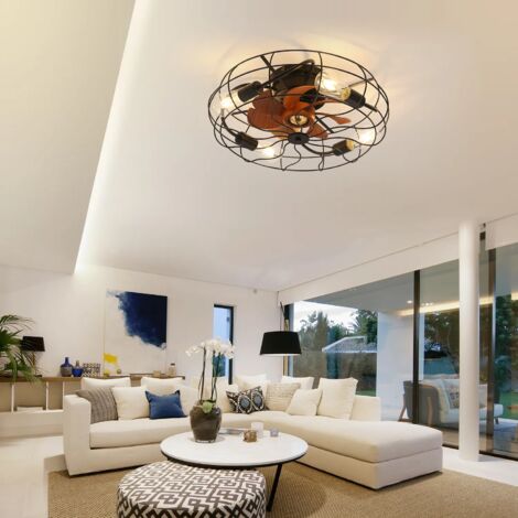 Ventilador techo con luz, 50,8x50,8x25 cm, con bombilla, estilo industrial, ABS+Metal, negro