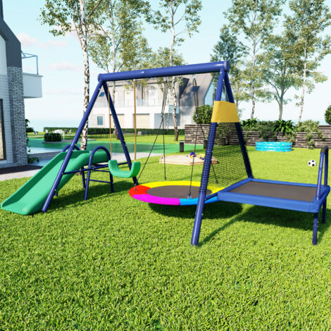 Columpio de jardín para niños con tobogán y trampolín, juego de exterior de metal azul marino