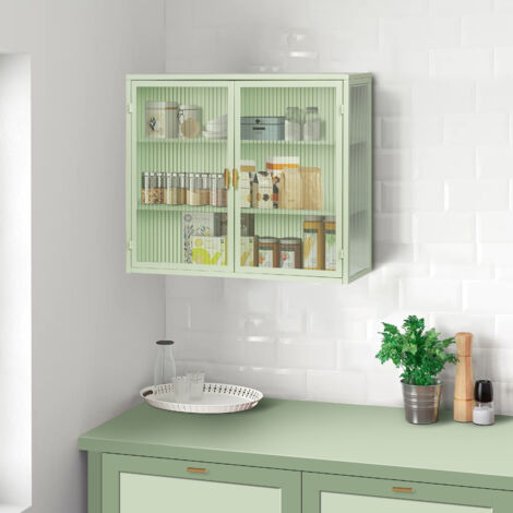 Mueble de baño 70x23x60cm, mueble de cocina, aparador, mueble de pared con 2 puertas de cristal, metal + cristal, verde