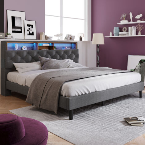 Camas para adulto 140x200 cm, cabecero con compartimentos de almacenamiento, LED, lino, sin colchón, gris (1/5)