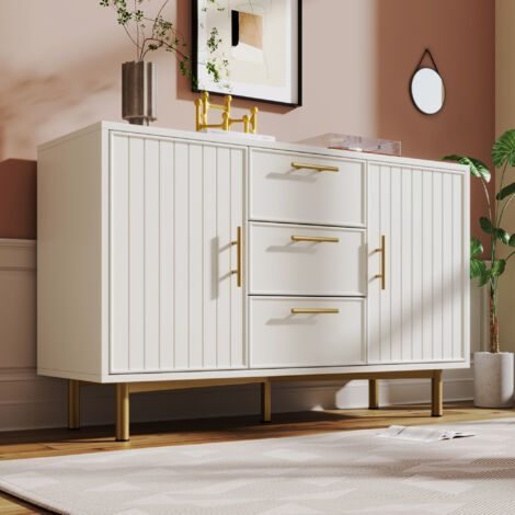 Cómoda de 120 x 40 x 75 cm con 3 cajones y 2 puertas, aparador, mueble de cocina, aglomerado, blanco (1/5)