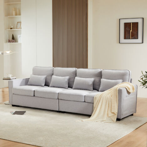 Sofá de 4 plazas 264x83x87cm, con 4 cojines, sofá moderno, lino, gris