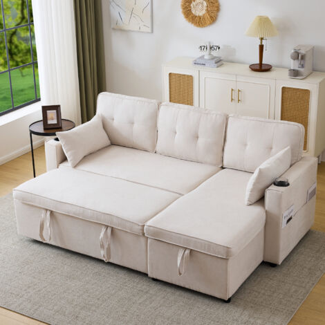 MODFU Sofá chaiselongue de 3 plazas 211x130x86cm, sofa cama con arcon de almacenaje, sofá esquinero, algodón y lino, beige