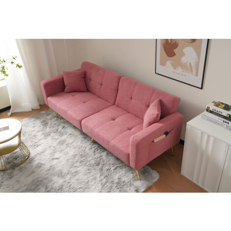 Sofá chaiselongue de 2 plazas 175x64x72cm, sillón biplaza, convertible en sofá cama, respaldo regulable, tejido sherpa, rosa