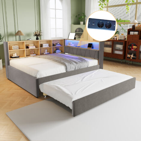 Sofá cama infantil 140x200 cm con cama nido, terciopelo, cama doble LED, sin colchón, compartimento de almacenaje abierto, gris oscuro