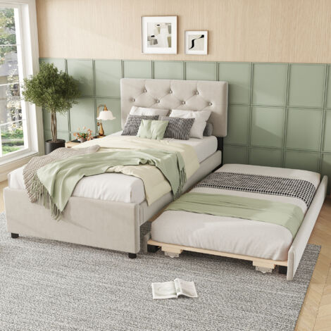 Cama individual infantil 90x200cm con nido, terciopelo, sin colchón, estilo sencillo, beige, cama tapizada (1/5)
