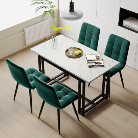 Conjunto de mesa y sillas, chapa de mármol, MDF, mesa de comedor 120x70x74cm, patas negras, 4 sillas de terciopelo verde oscuro