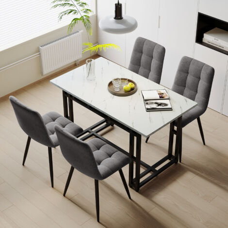 Conjunto de mesa y sillas, chapa de mármol, MDF, mesa de comedor 120x70x74cm, patas negras, 4 sillas de lino gris oscuro
