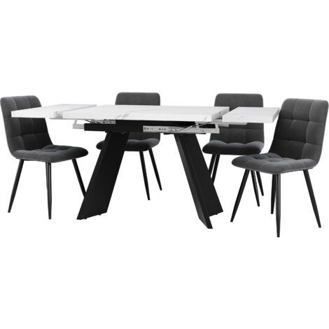 Conjunto de mesa y sillas (1 mesa de comedor 160x80x75cm + 4 sillas de terciopelo) Mesa extensible, patas negras, MDF y metal, blanco - A