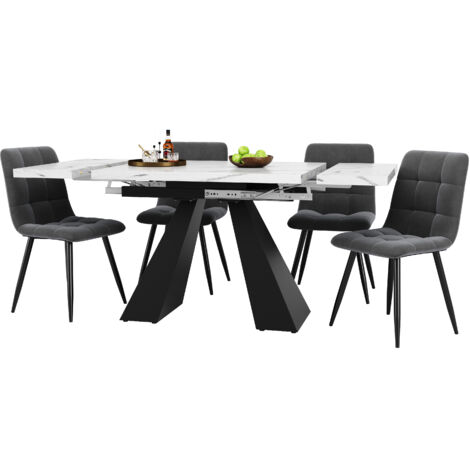Conjunto de mesa y sillas (1 mesa de comedor 160x80x75cm + 4 sillas de terciopelo) Mesa extensible, patas negras, MDF y metal, blanco - B