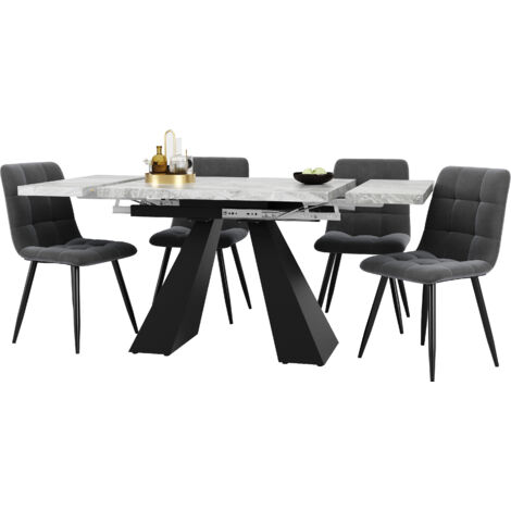 Conjunto de mesa y sillas (1 mesa de comedor 160x80x75cm + 4 sillas de terciopelo) Mesa extensible, patas negras, MDF y metal, gris