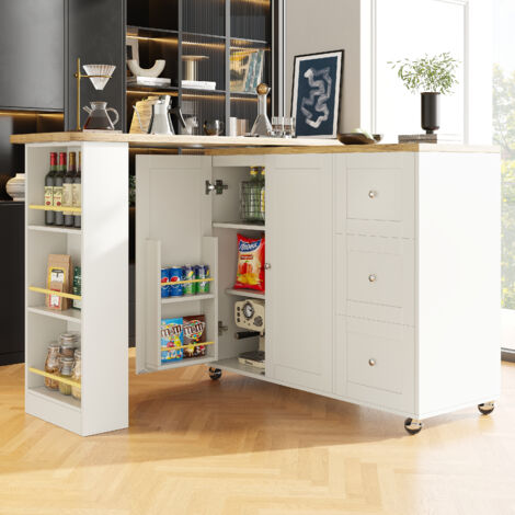 Carrito de cocina con barra 360° y ruedas 138-209x39x106 cm aparadores, 3 cajones y estante abierto, blanco