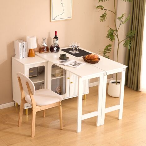 Aparador 116x40x78,5 cm, mueble comedor con mesa extensible, patas de metal, puerta corredera de cristal, estantes regulables, blanco (1/5)
