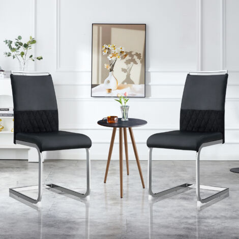 Sillas de comedor, sillas de oficina, sillas de salón, diseño de rayas horizontales, PU + lino + metal, negro, 2 piezas (1/5)