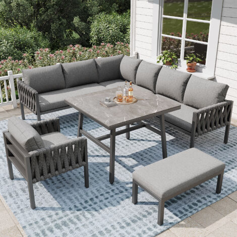 Conjunto de mesa y sillas de jardín (sofá rinconera + 1 sillón + 1 banco + 1 mesa) regulables, 8 plazas, gris