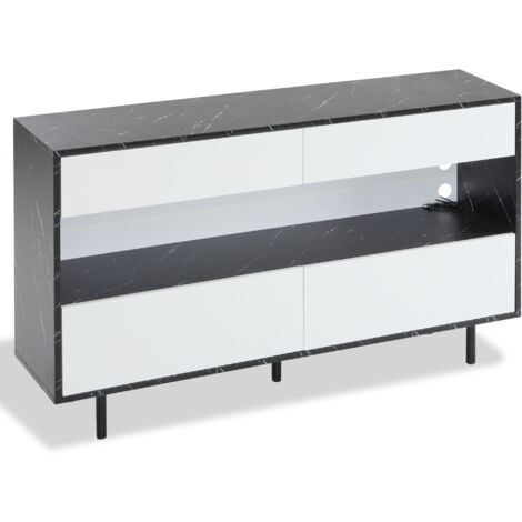 Buffet Moderne Marbre Noir – 4 Tiroirs + Niche LED – Meuble Rangement Cuisine Salon, Design Minimaliste